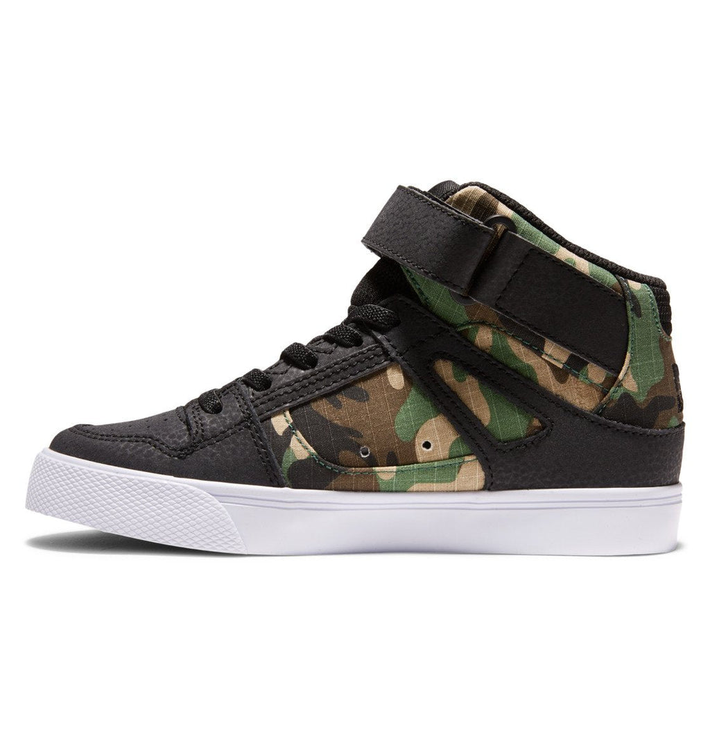 DC Boys Pure High Top EV Skate Shoes - Black Camo With Ankle Strap & Elastic Laces, Size 7 Big Kid