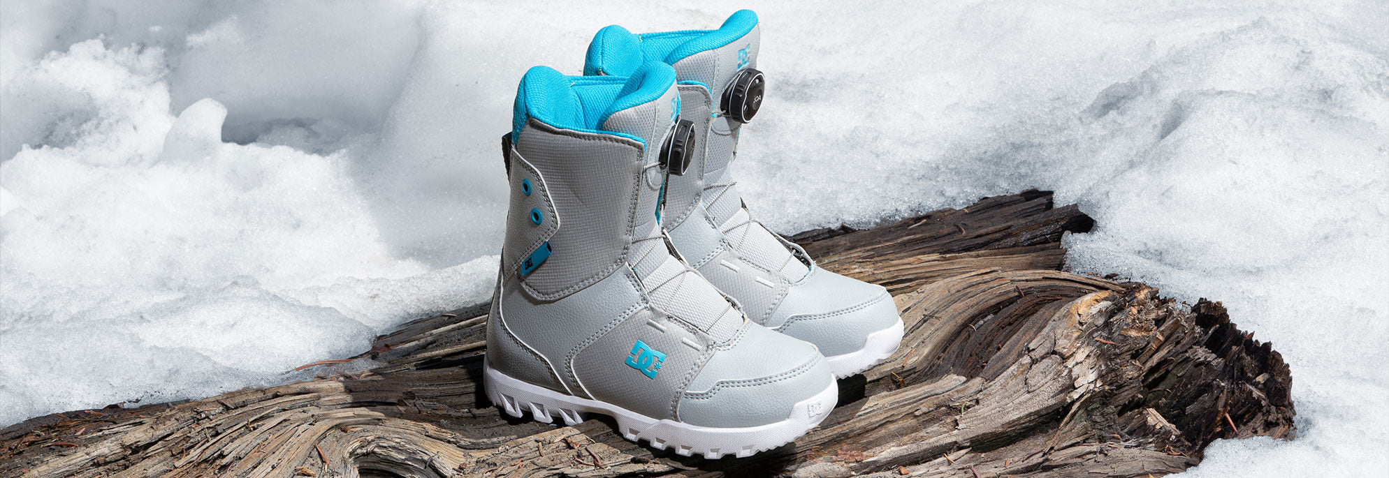 A pair of snowboard boots with a wintery back drop