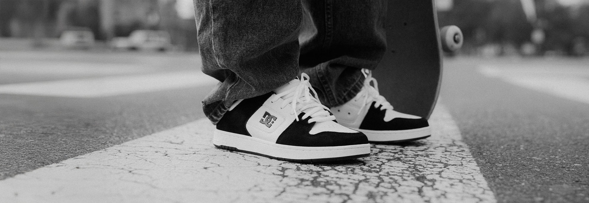 A pair of men's Manteca shoes being worn by a skateboarder