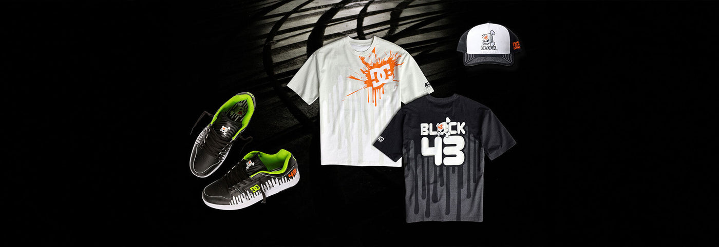 A collage of 43i products including t-shirts, hats, and a pair of shoes