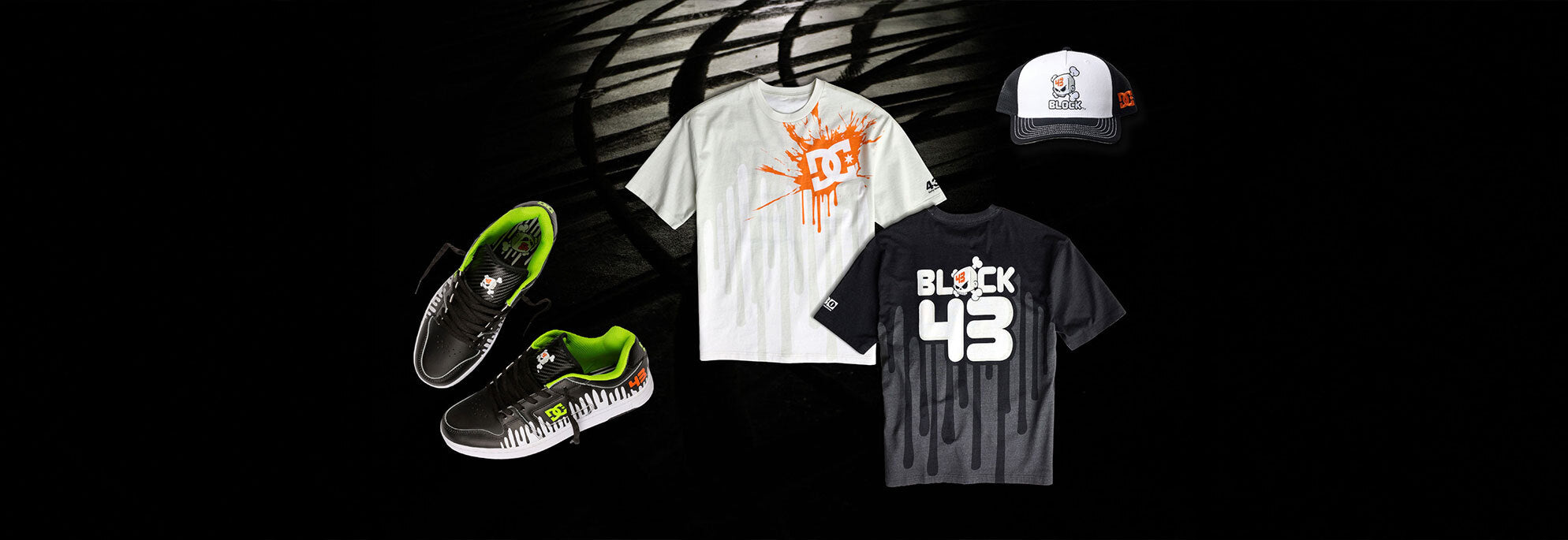 A collage of 43i products including t-shirts, hats, and a pair of shoes