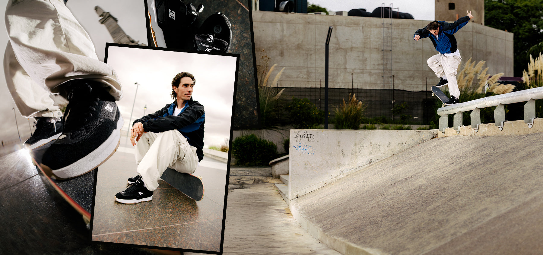 Skateboarder performing a trick on a concrete ledge with a photo of the skateboarder sitting on a bench.