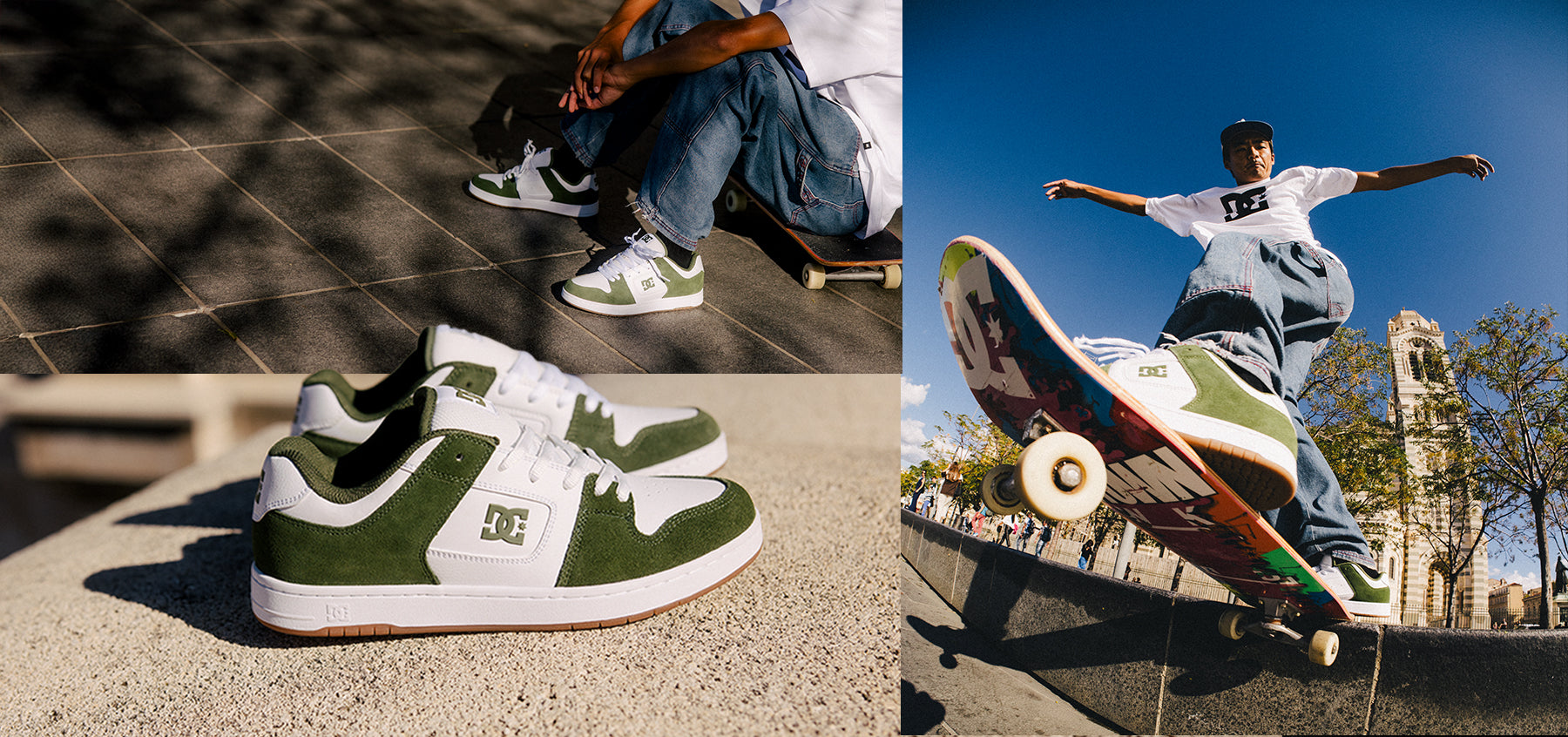 Green and white sneakers with a skateboarder performing a trick in an urban setting.