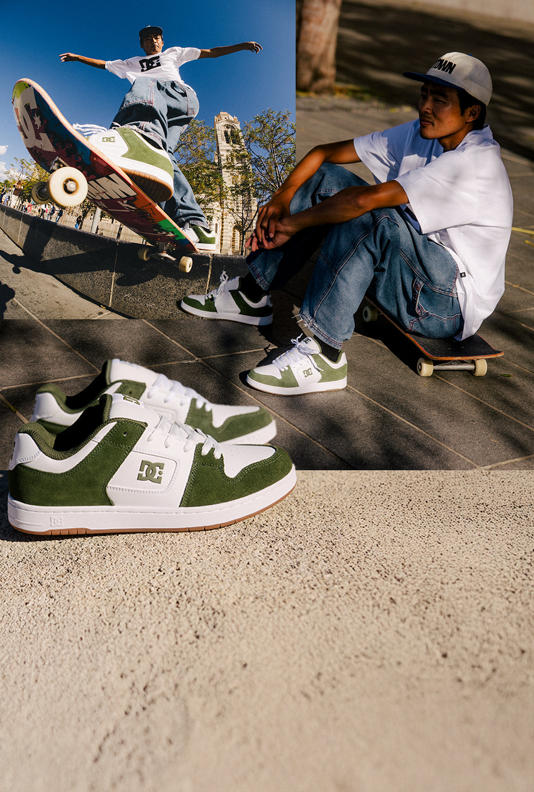 Green and white sneakers with a skateboarder in the background