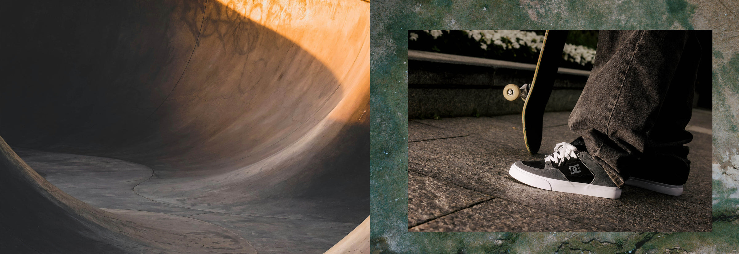 Skateboard bowl and close-up of a skateboard shoe with a blurred background