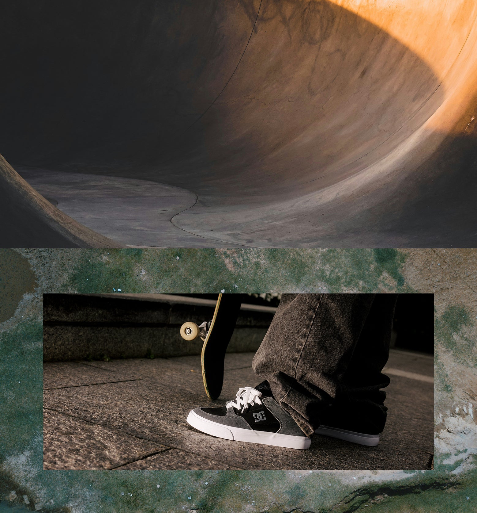 Skateboarder's feet on a skateboard with a concrete bowl in the background