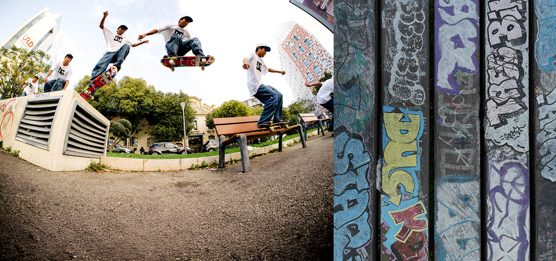 Skateboarders performing tricks at a skate park with graffiti on walls.