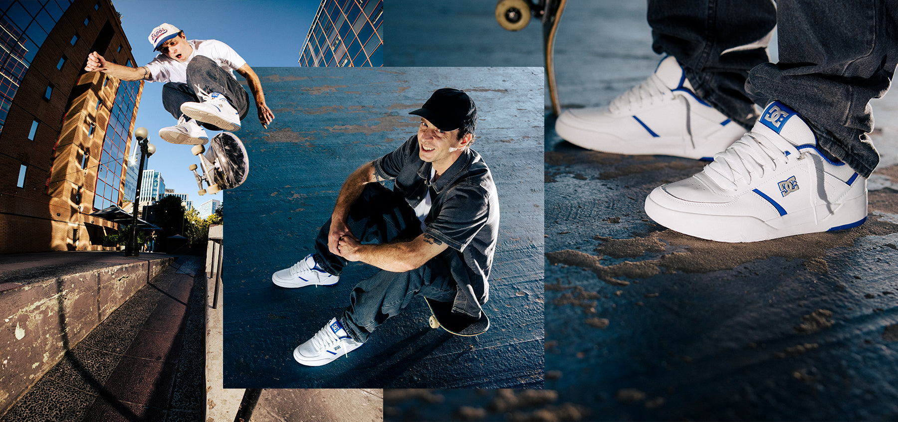 A collage showing a skateboarder in an urban setting wearing white low-top sneakers with blue accents, alongside a close-up of the shoes and a central photo of a person sitting on a skateboard in a city environment.