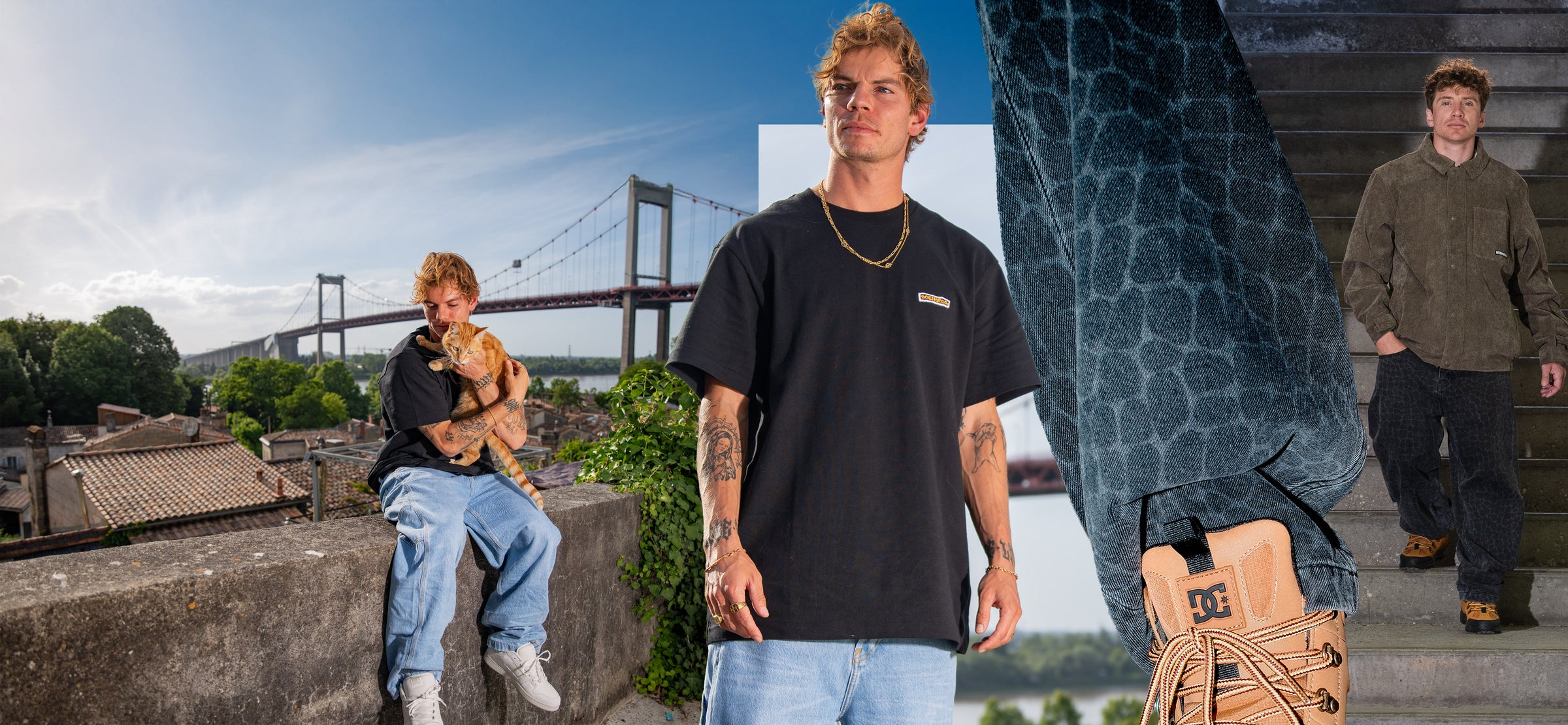 A collage-style fashion photo featuring a man in a black graphic T-shirt and light blue jeans standing in the center, with two other men in outdoor settings on the left and right. A tan backpack is visible near the lower right.