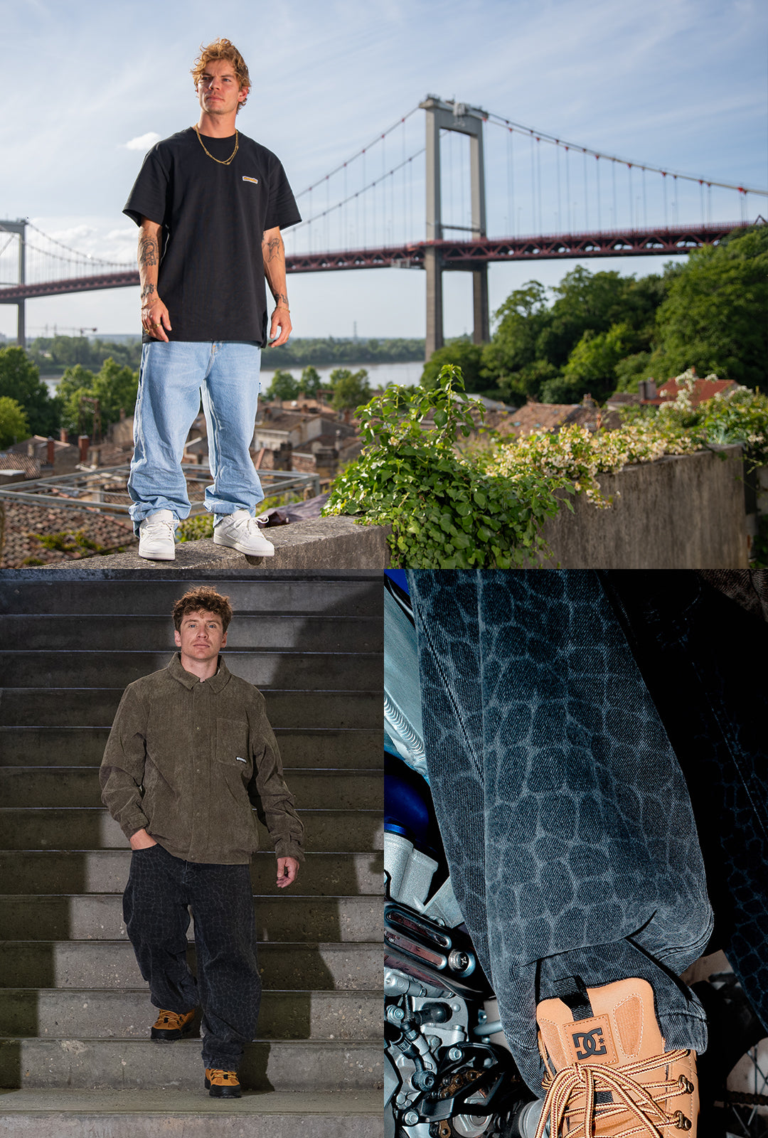 A three-panel collage showing a man modeling streetwear: standing outdoors in front of a suspension bridge wearing a black T-shirt and light blue jeans; walking down stone stairs in a brown jacket and dark pants; a close-up of a blue patterned garment with a tan leather bag.
