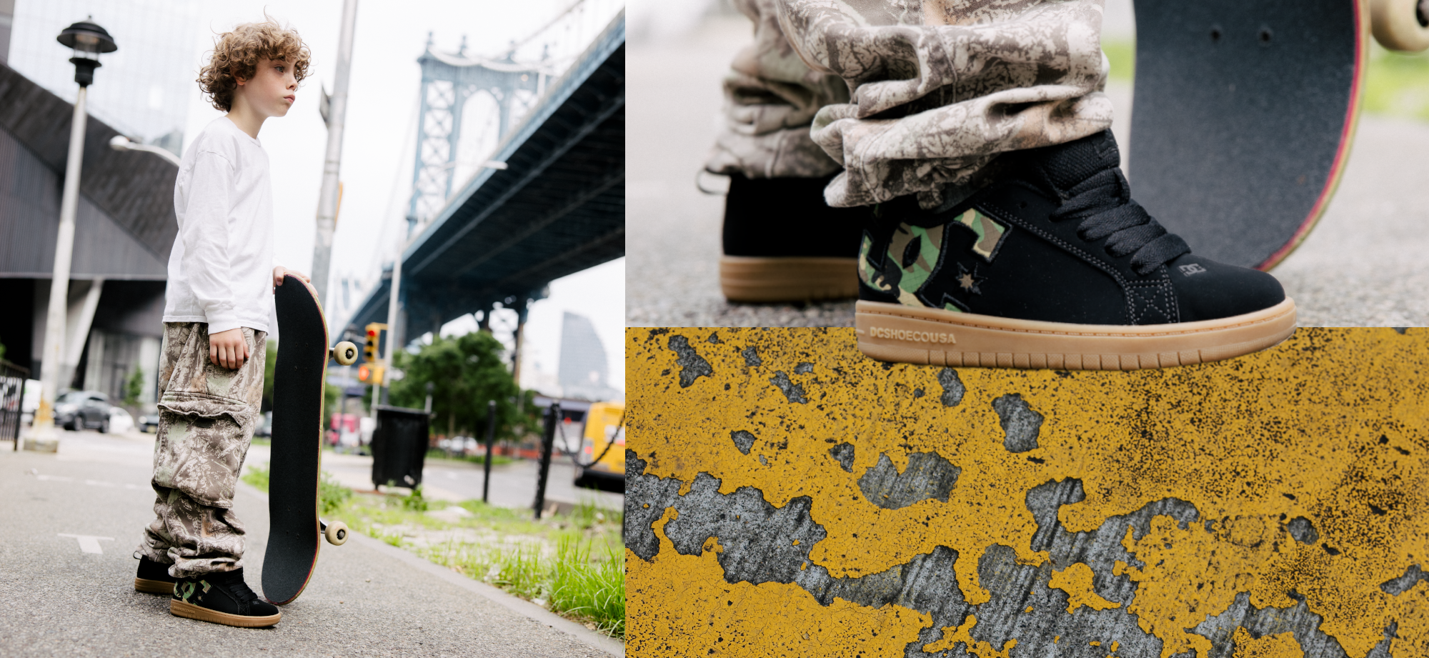 A collage showing a child outdoors holding a skateboard beside a bridge, a close-up of the child's lower legs wearing black low-top sneakers with camouflage details, and a textured yellow painted surface.