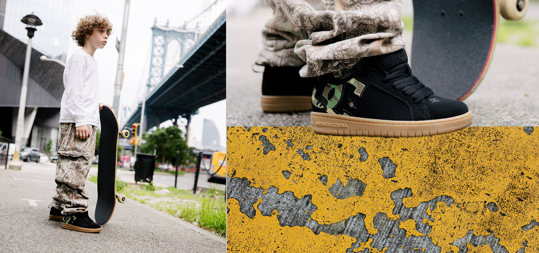A split image showing a skateboarder outdoors on the left and a close-up of black skate shoes with camouflage pants and a skateboard on the right. The shoes feature a gum sole and a heel patch with the DC logo.