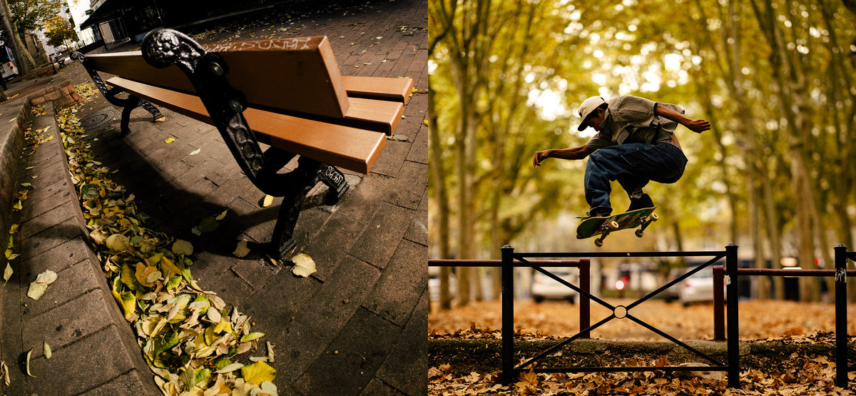 A split-screen lifestyle photograph. The left side shows a wooden park bench with a black metal frame on a paved path scattered with autumn leaves.