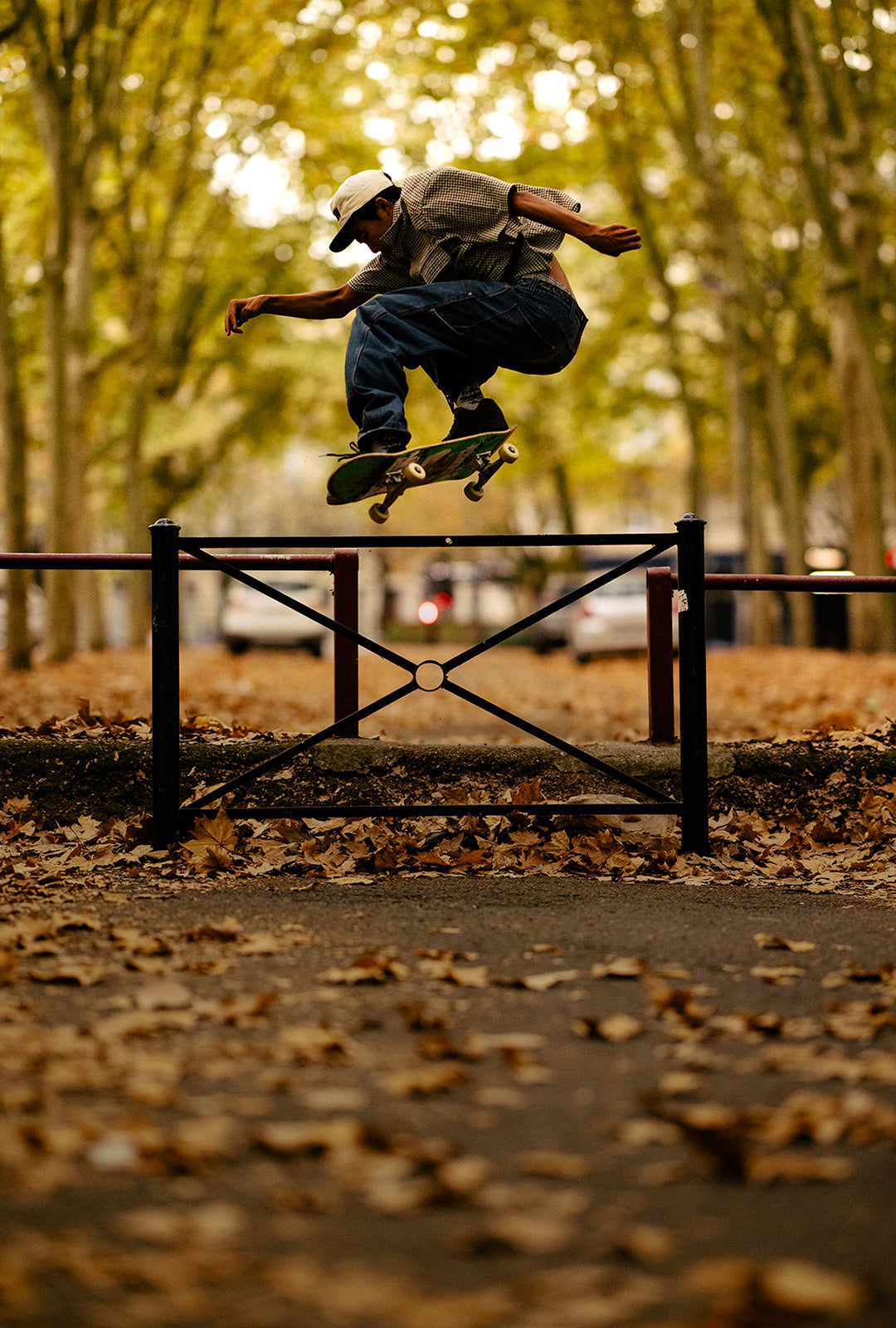 A skateboarder in mid-air performs a trick over a black metal rail in an outdoor park with fallen leaves on the ground and trees in the background.