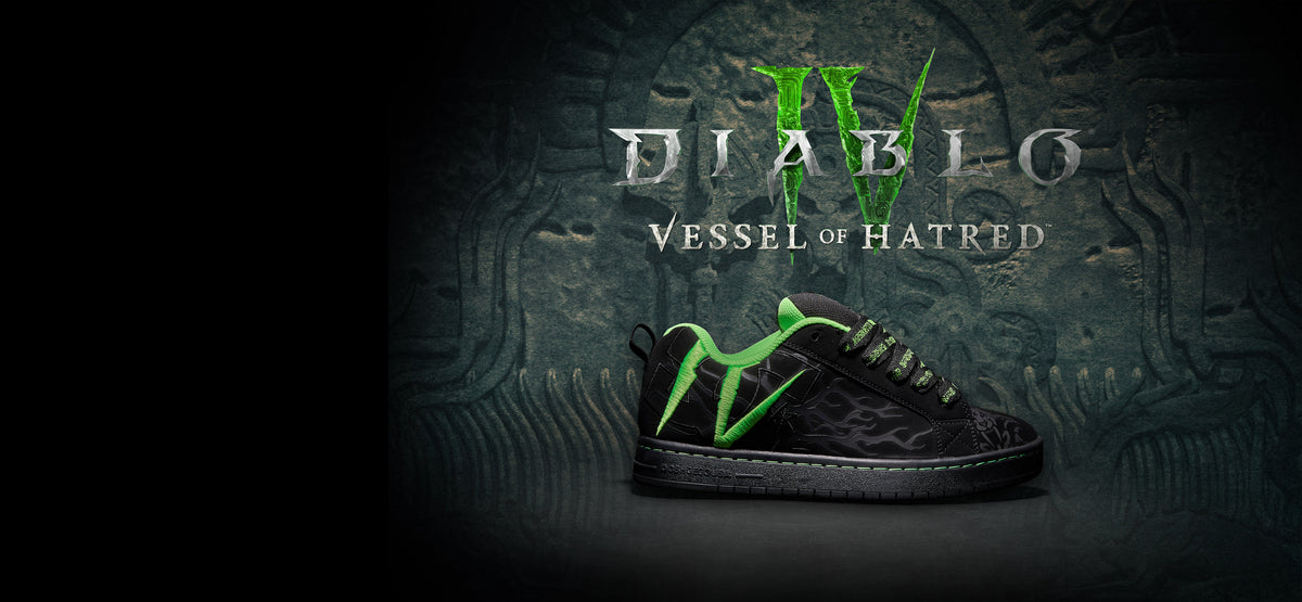 Black DC sneaker with bright green accents against a dark carved-stone background, beneath the Diablo IV: Vessel of Hatred logo.