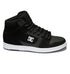 The Men’s Manteca 4 HI Shoes by DC Shoes are black high-top sneakers with a leather upper and a white sole, featuring the iconic DC Shoes logo in white on the side, black laces, a padded ankle collar, and maximum grip for everyday wear.