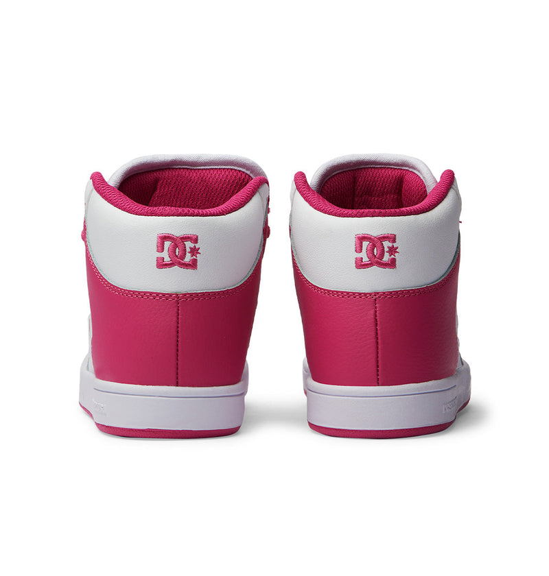A pair of DC Shoes Kids' Manteca 4 HI sneakers in pink and white, viewed from the back, display the pink embroidered DC logo on each white high-top heel.
