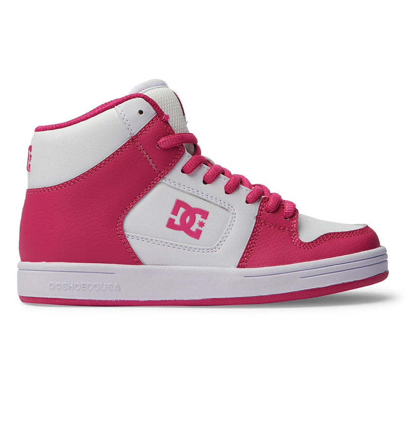 The Kids' Manteca 4 HI Shoes by DC Shoes are white and pink high-top sneakers featuring the logo on the side, pink laces, a white sole, and bold contrasting panels for sporty skate style.