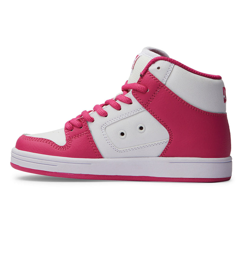 The Kids' Manteca 4 HI Shoes from DC Shoes feature a white and pink high-top design with pink laces, a white midsole, pink outsole, stitched panels, side ventilation eyelets, and modern skate-inspired style.