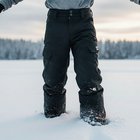 Person wearing black snow pants and boots standing in a snowy landscape with trees in the background.