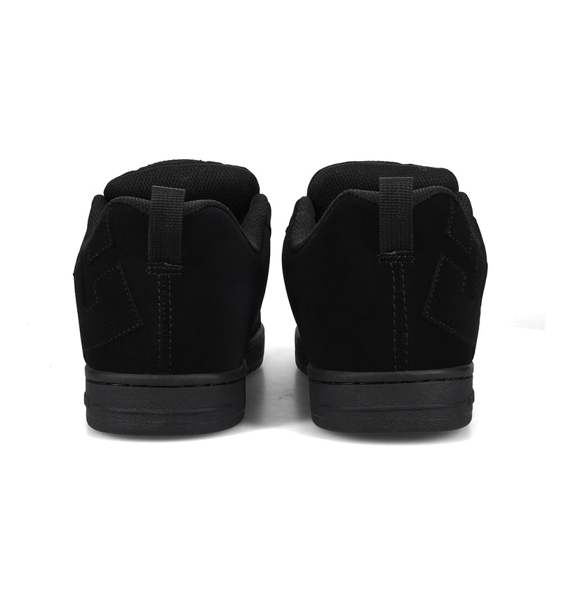 Black sneakers shown from the back on a white background
