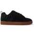 The Men’s Court Graffik Shoes by DC Shoes feature a black skate shoe design with a prominent DC logo on the side, black laces, and a brown rubber sole. Showcasing the classic puffy silhouette from the Court Graffik collection, these low-top shoes include a convenient heel pull tab.