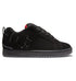 The DC Shoes Men’s Court Graffik Shoes feature a black low-top silhouette with a thick sole, lace-up closure, and subtle DC logo detailing on the side. Designed with a small red accent on the tongue, these sneakers offer a sleek, minimalist appearance along with a slightly puffy build for enhanced comfort and street-inspired style.