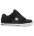 A left-profile view of the DC Shoes Men’s Pure Shoes in black features black laces, a white sole, and the DC logo in white on the side against a white background—these versatile and comfortable shoes are a popular choice for men.