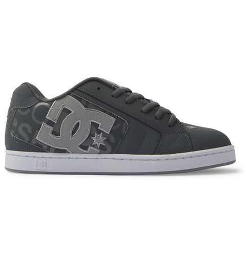 The DC Shoes Men's Net Shoes feature a black and gray design, bold DC logo on the side, black laces, white sole, and a puffy silhouette for all-day comfort.