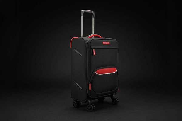 A black soft-shell suitcase with red accents and four wheels, standing upright on a dark background. The suitcase features a telescoping handle and a front zippered pocket.