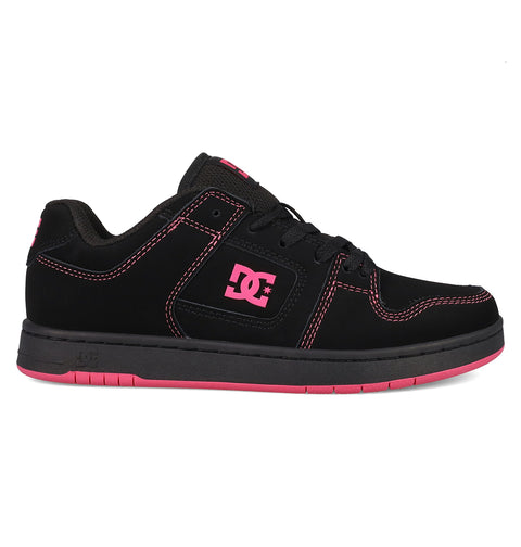 The Women's Manteca 4 Shoes by DC Shoes feature a black design with pink stitching, a pink DC Shoes logo on the side, and a black and pink sole.