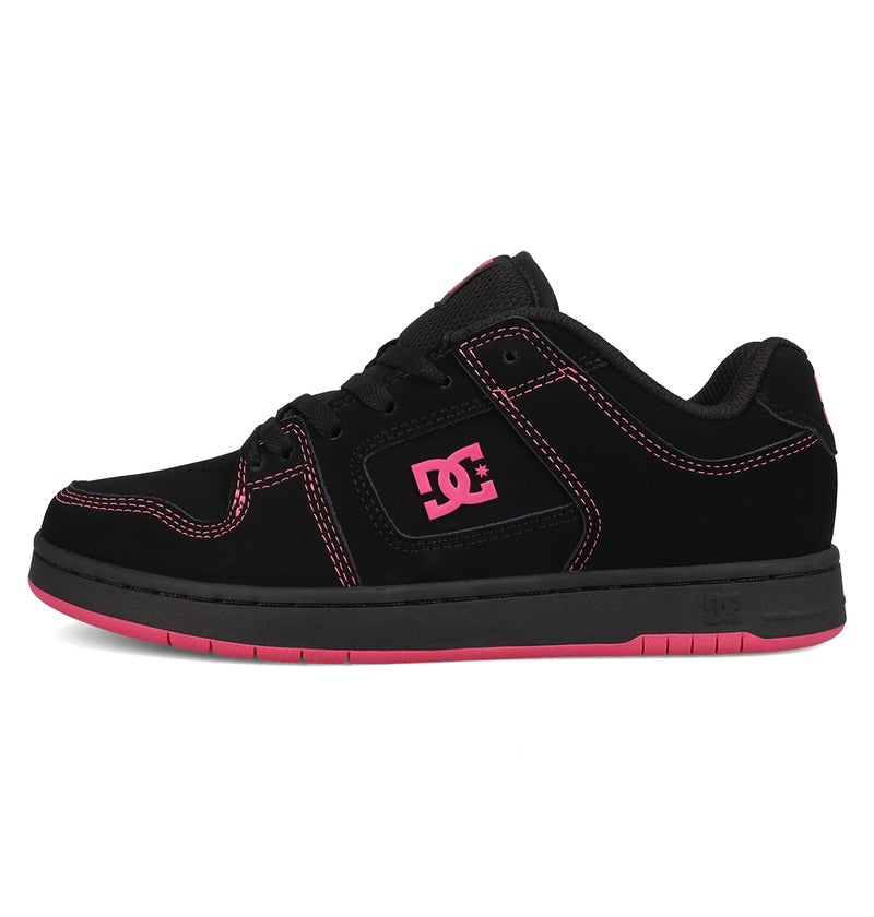 The Women's Manteca 4 Shoes by DC Shoes come in black with pink accents, featuring the iconic logo on the side, pink stitching, and a black sole accented with a pink stripe near the bottom.