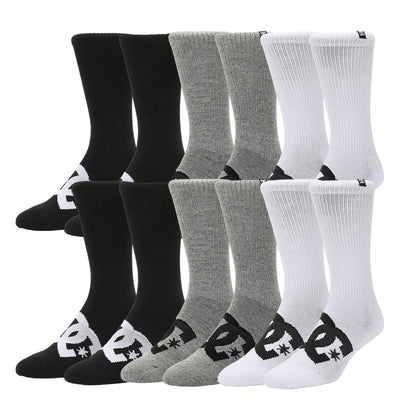 DC Shoes Logo Crew Socks 6-Pack features black, gray, and white socks with a bold black-and-white star logo on the side. Each pack includes six pairs, arranged by color.