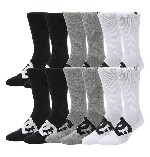 DC Shoes Logo Crew Socks 6-Pack features black, gray, and white socks with a bold black-and-white star logo on the side. Each pack includes six pairs, arranged by color.