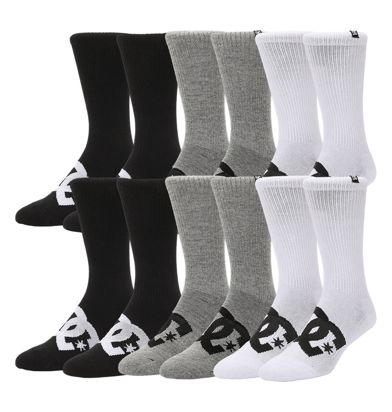 DC Shoes Logo Crew Socks 6-Pack features black, gray, and white socks with a bold black-and-white star logo on the side. Each pack includes six pairs, arranged by color.