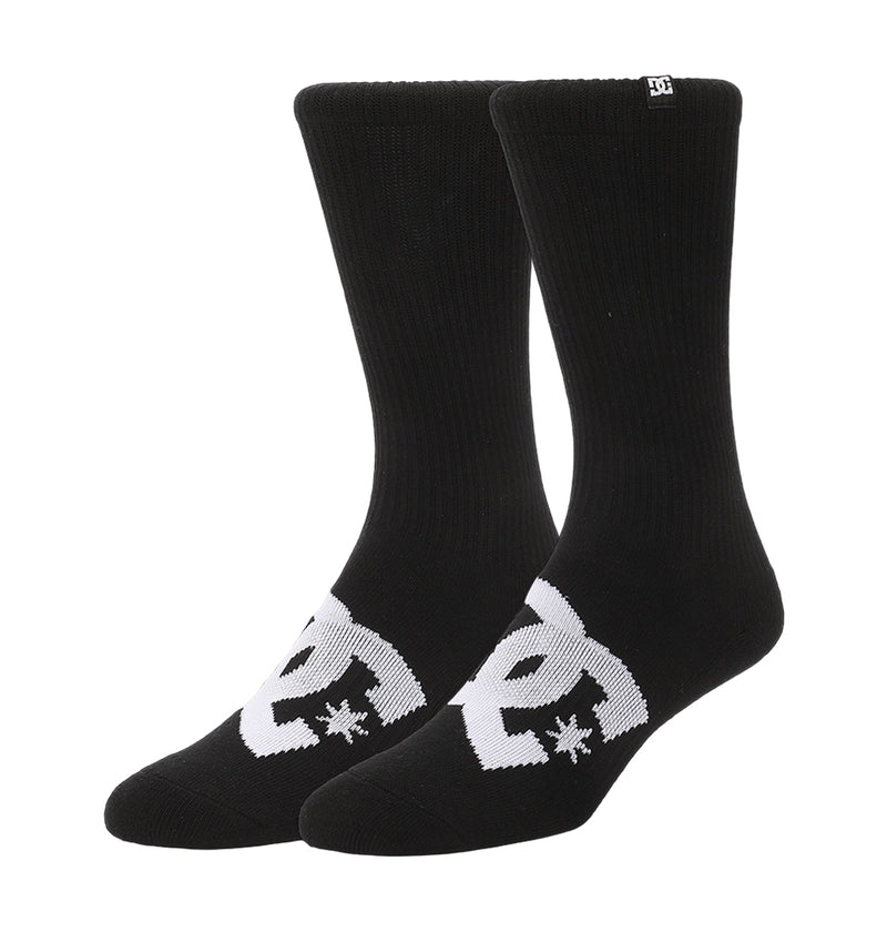 A 6-pack of black DC Shoes crew socks featuring a large white stylized logo and small branding detail near the top cuff, shown upright side by side on a plain white background.