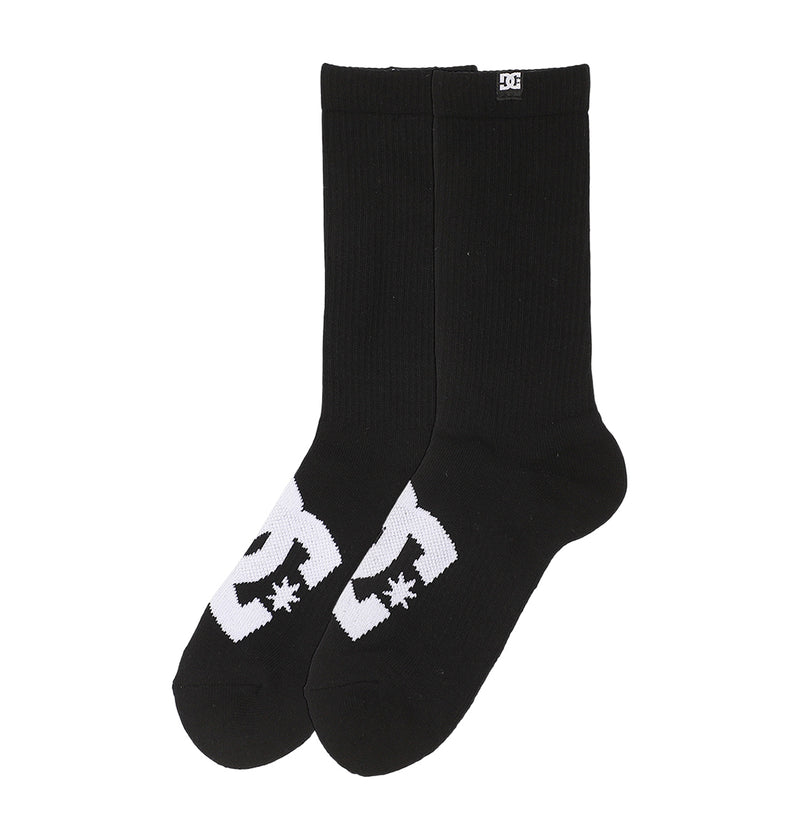 The DC Shoes Logo Crew Socks 6-Pack features black crew socks with a white stylized logo on the toes and a small square logo near the top edge.