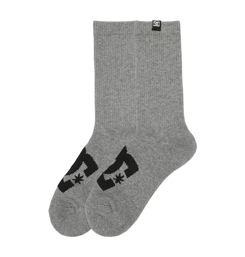 DC Shoes Logo Crew Socks 6-Pack features gray crew socks with a black logo on the tops and small black tags on the cuffs.