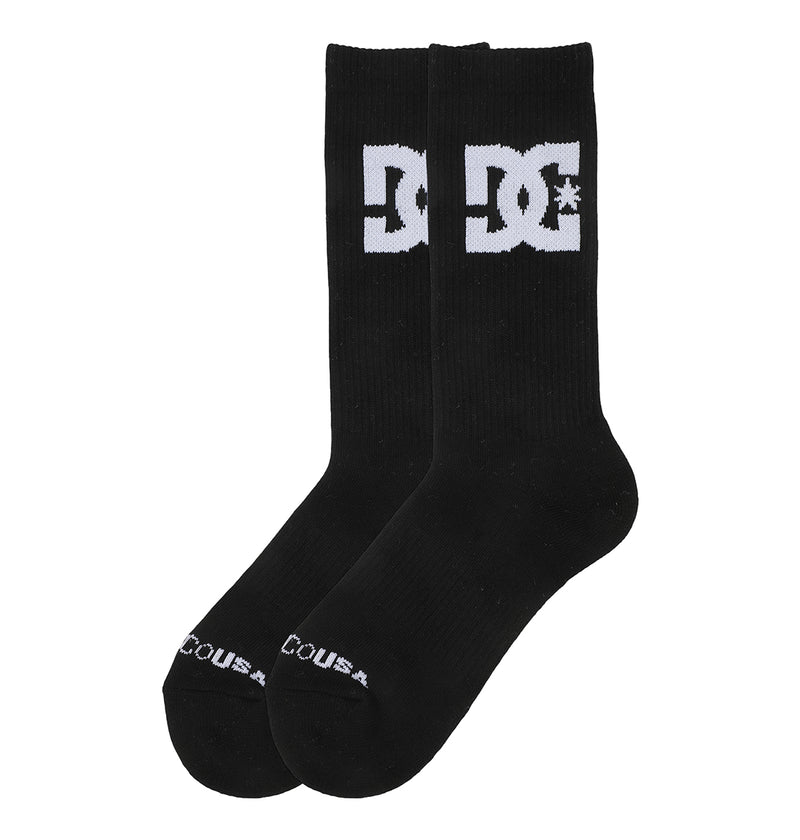 The DC Shoes Big Star Logo Crew Socks 3-Pack features black crew socks with a large white DC logo near the top and "DC USA" text in white on the toe.