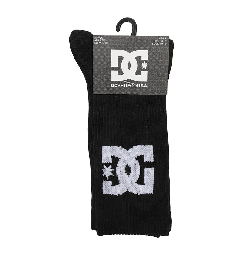 A 3-pack of DC Shoes Big Star Logo Crew Socks featuring a bold white DC Shoes logo on black socks, displayed in packaging with the brand name and logo on the top label.