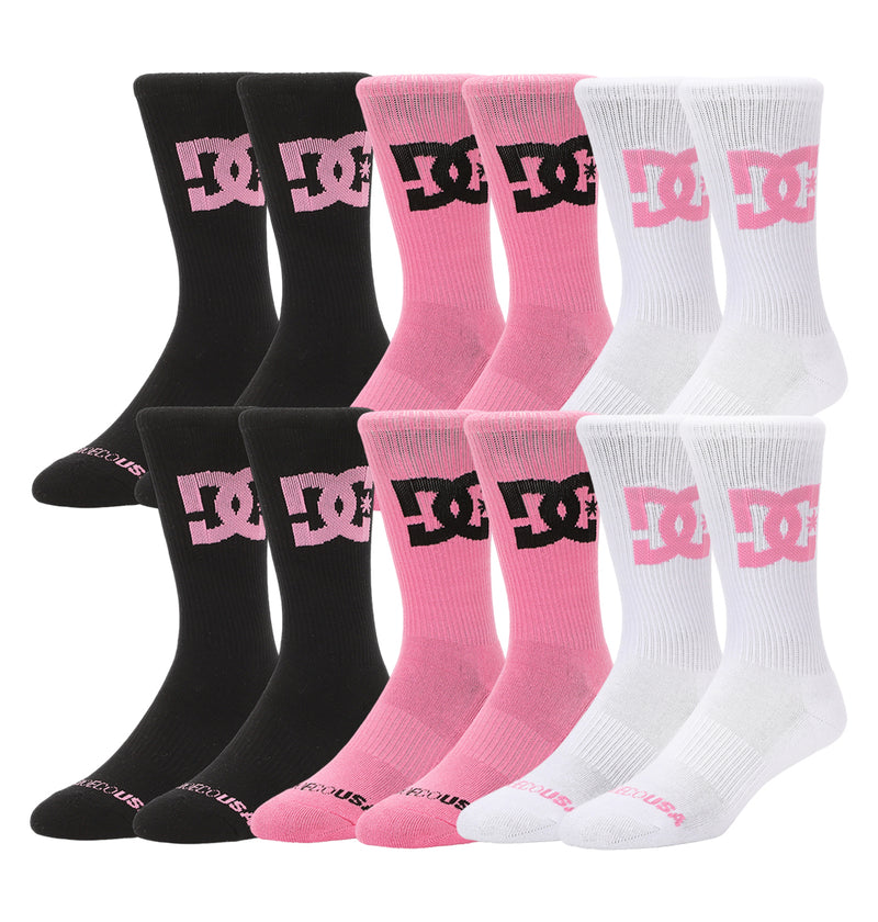 The DC Shoes Big Star Logo Crew Socks 3-Pack includes three pairs—one each in black, pink, and white—with a bold logo near the top.