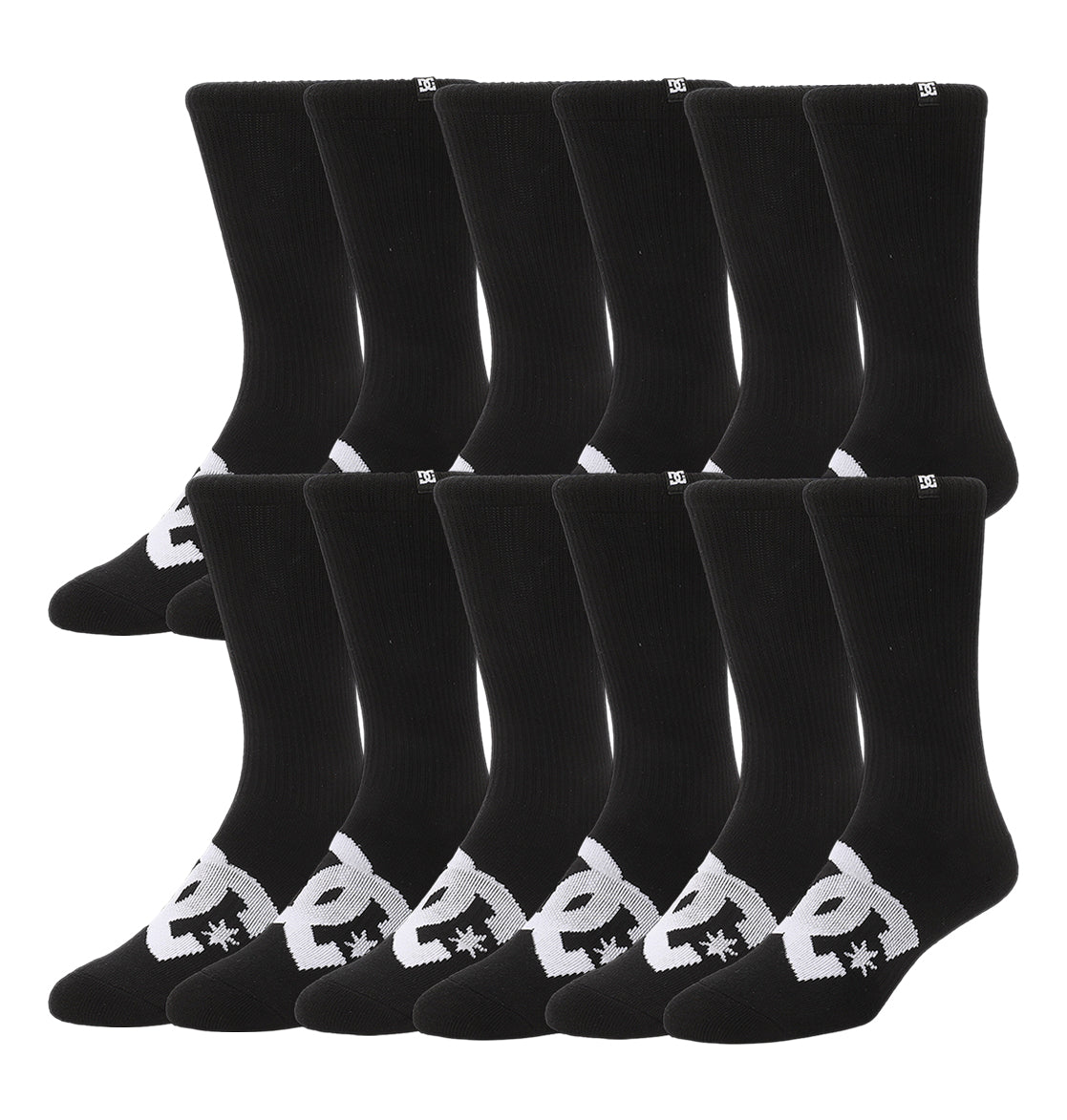 The DC Shoes Logo Crew Socks 6-Pack includes six pairs of black crew socks, each with a bold white logo and star on the ankle. The socks come neatly arranged in two rows.