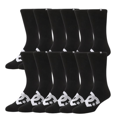 The DC Shoes Logo Crew Socks 6-Pack includes six pairs of black crew socks, each with a bold white logo and star on the ankle. The socks come neatly arranged in two rows.