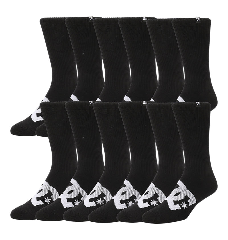 The DC Shoes Logo Crew Socks 6-Pack includes six pairs of black crew socks, each with a bold white logo and star on the ankle. The socks come neatly arranged in two rows.