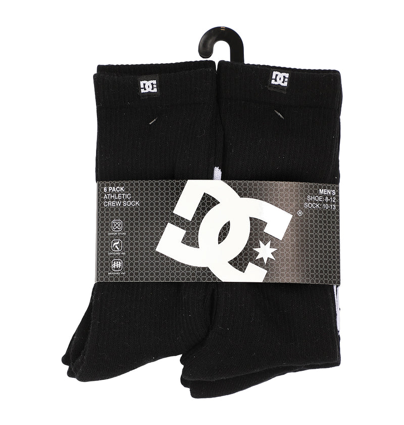 A six-pack of DC Shoes Logo Crew Socks for men, size 6-12, in black, displayed with a branded cardboard wrap and hanger.