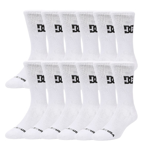 The DC Shoes Crew Socks 6-Pack includes twelve pairs of white crew socks with a bold black DC logo on the side and "DC SHOES" text on the toe, displayed in four neat rows.