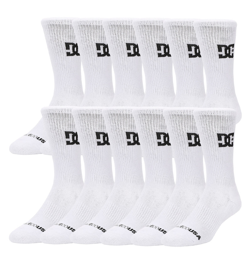 The DC Shoes Crew Socks 6-Pack includes twelve pairs of white crew socks with a bold black DC logo on the side and "DC SHOES" text on the toe, displayed in four neat rows.