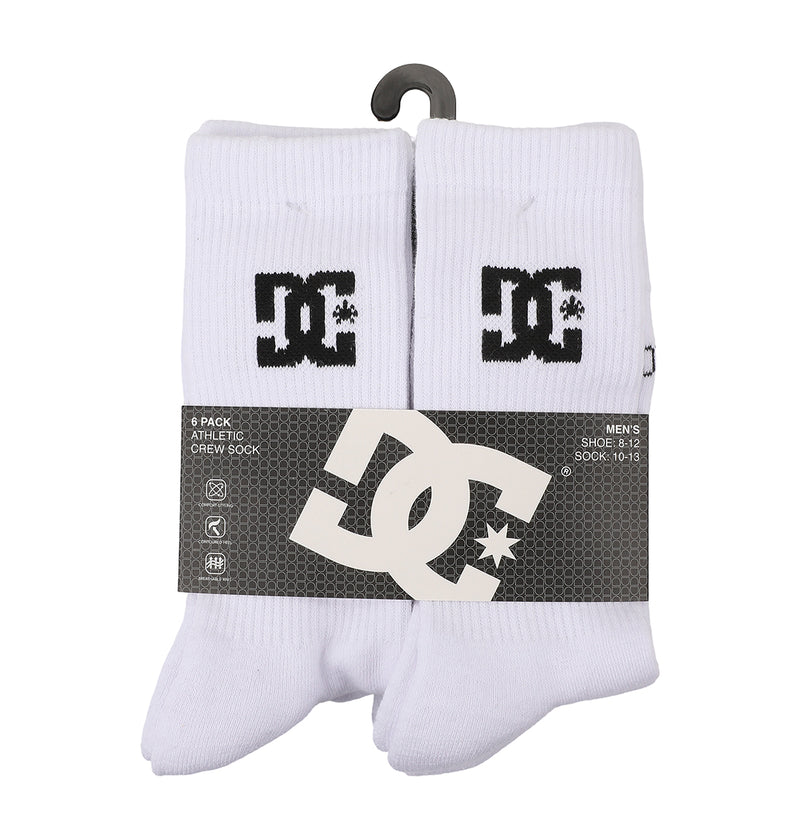 The DC Shoes Crew Socks 6-Pack features white athletic crew socks with a black DC logo on the cuff, bundled in a black and gray branded wrap. Fits men's shoe size 10-13.