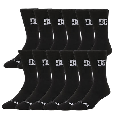 A DC Shoes Crew Socks 6-Pack features black crew socks with a white DC logo on the leg and white text on the toe, arranged in rows.