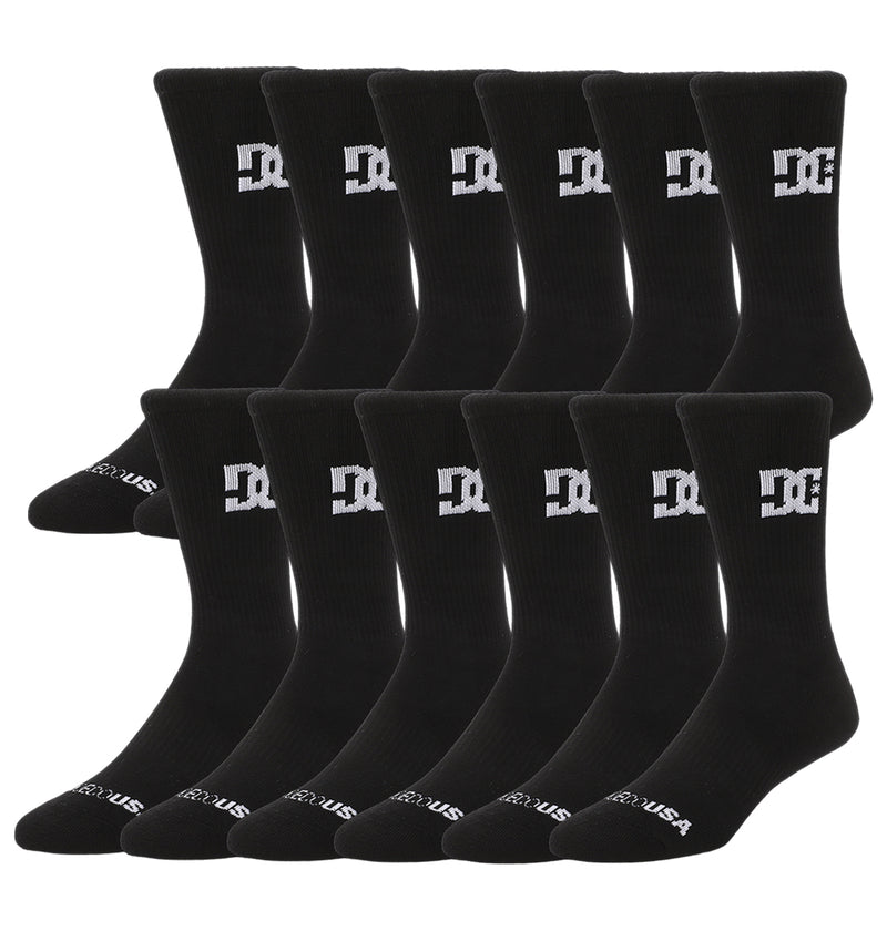 A DC Shoes Crew Socks 6-Pack features black crew socks with a white DC logo on the leg and white text on the toe, arranged in rows.
